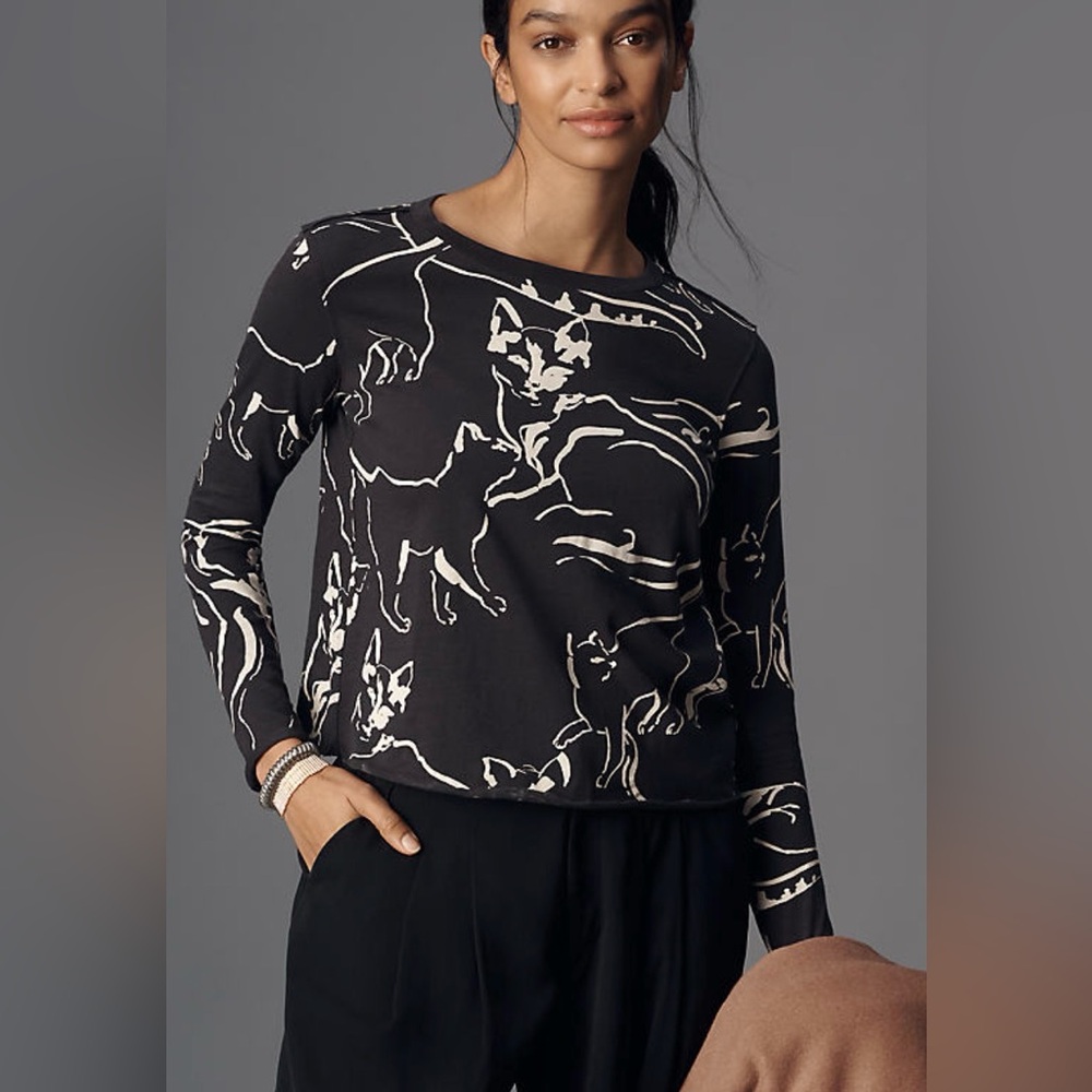 Anthropologie Maeve The Caitlin Boxy Tee Long Sleeve Cat Print